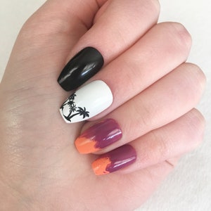 Palmier Sunset Press sur les ongles | Faux ongles | Faux ongles | colle sur les ongles | Ongles ombrés | Appui court sur les ongles