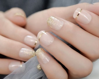 Press on Nails Short | Gold Glitter Nude Press on Nail Short / Fake Nails / False Nails / Glue On Nails / Ombre Nails / Short Press on Nails