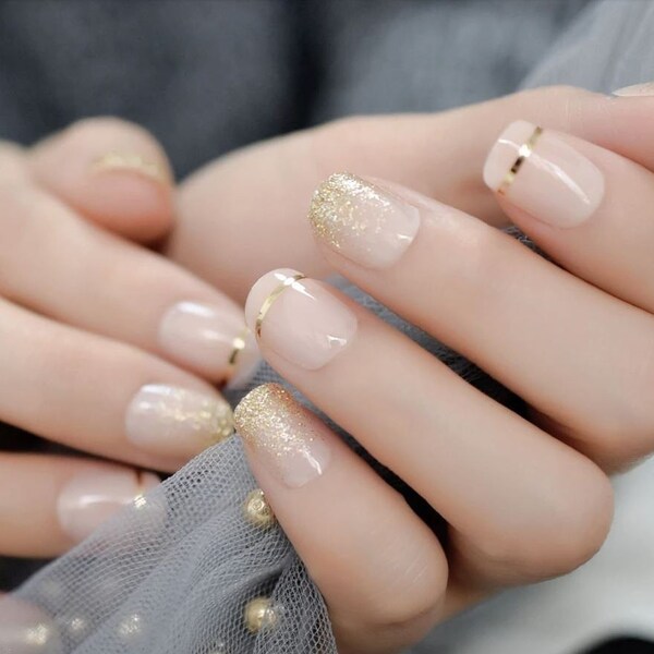 Gold Glitter Ombre Press On Nails | Short Square Fake Nails