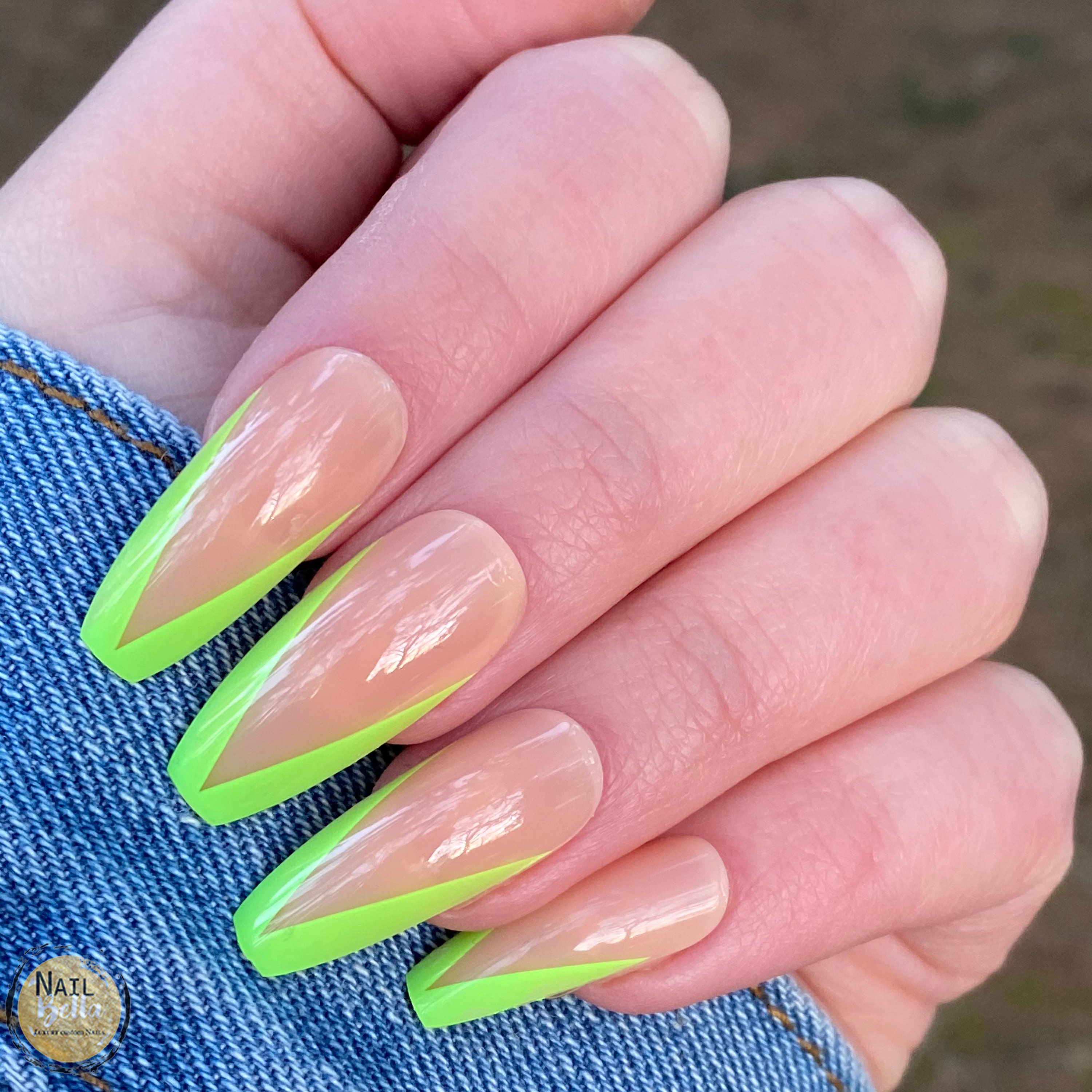 Green V-shape Long Coffin Press on Nails With Glue 24 Piece - Etsy Israel
