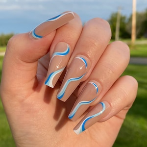 Long Coffin Nails | Blue Swirl Design Nails | Fake Nails | False Nails | Glue On Nails | Ready to Ship Nails | Long Press on Nails