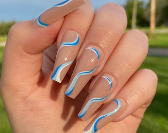 Long Coffin Nails | Blue Swirl Design Nails | Fake Nails | False Nails | Glue On Nails | Ready to Ship Nails | Long Press on Nails