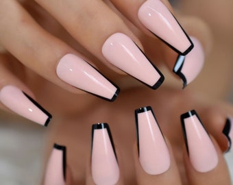 black French Tip Pink Press On Nails Long Coffin | Black Rim | Fake Nails | False Nails | Glue On Nails Long Press ons| Short Press on Nails