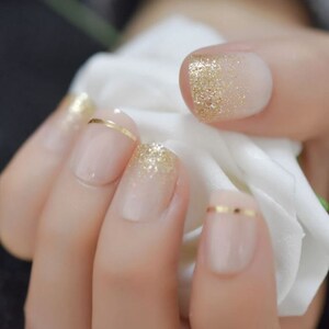 Press on Nails Short Gold Glitter Nude Press on Nail Short / Fake Nails / False Nails / Glue On Nails / Ombre Nails / Short Press on Nails image 3