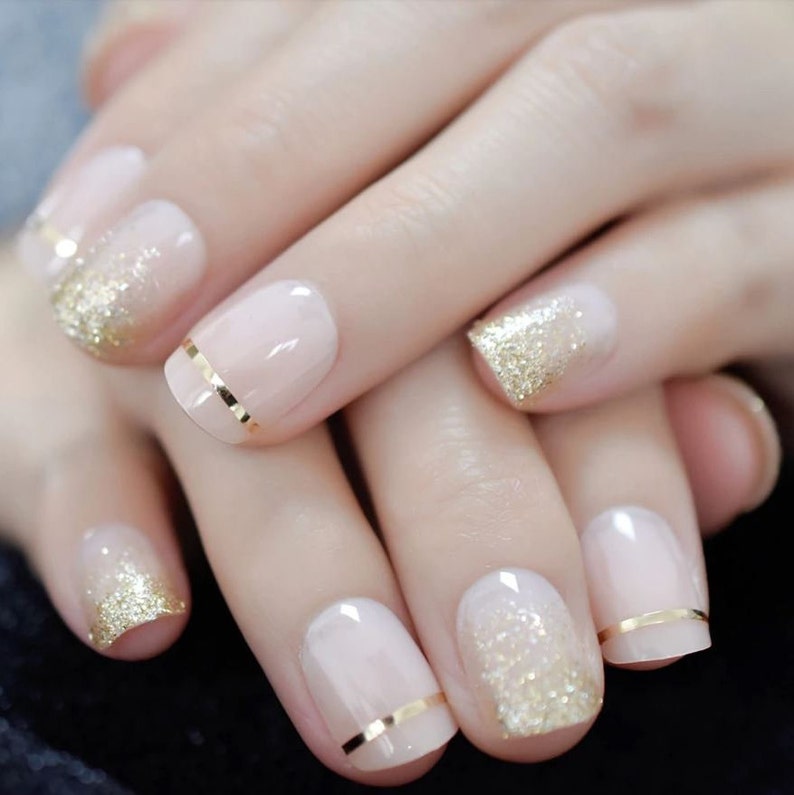 Press on Nails Short Gold Glitter Nude Press on Nail Short / Fake Nails / False Nails / Glue On Nails / Ombre Nails / Short Press on Nails image 5