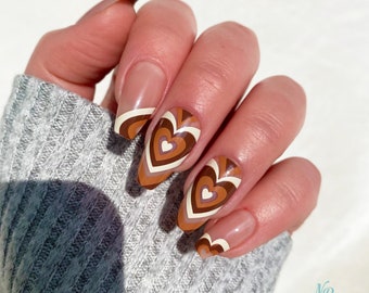 Brown Heart Mid Coffin Press On Nails / 28 Nails with Designs / Fake Nails / Glue On Nails / Nail on Press Nail Short / Press on Nails Short