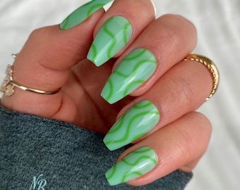 Green Swirl Mid Coffin Press On Nails / Nails with Designs / Fake Nails / Glue On Nails / Nail on Press Nail Short / Press on Nail Short
