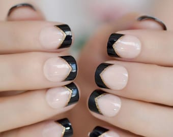 Short Press on Nails | Black French Tip Nails | Short Nails | Glue on | Black and Gold French Tip | Short Square 24 Pc Set Fake Nails