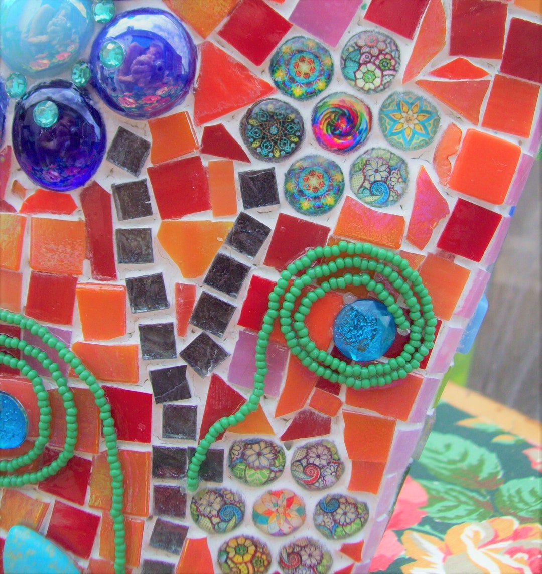 Mosaic Vases With Flowers and Swirls, Flower Vase in Tones of Red, Blue