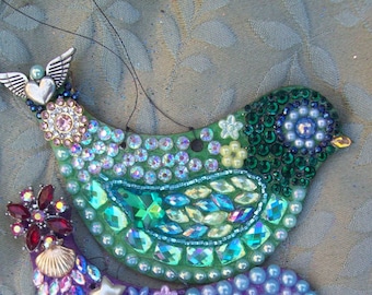 Little mosaic bird, with beadwork and rhinestones, Sparkle birds