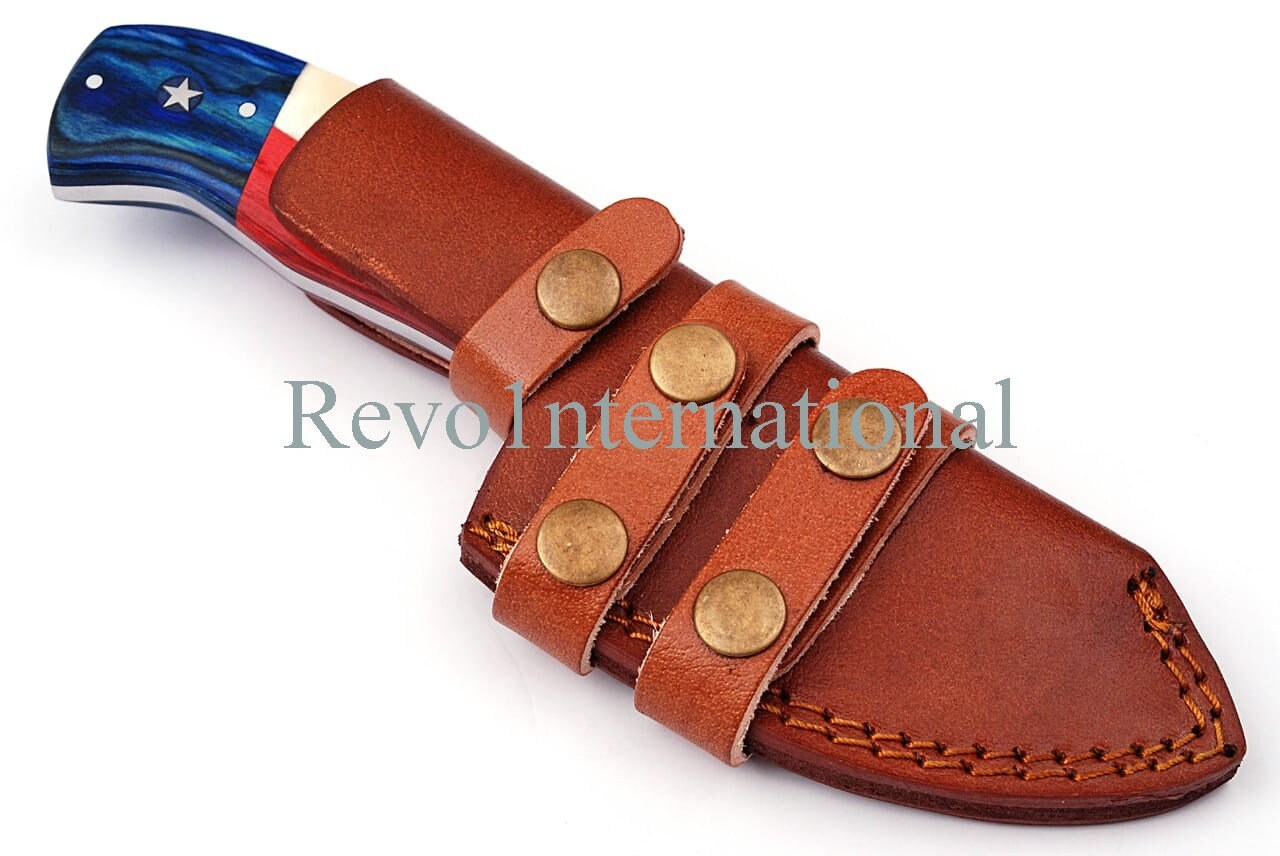 9 Hand Made Damascus Steel Fixed Blade Hunting Knife, Texas Flag Knife