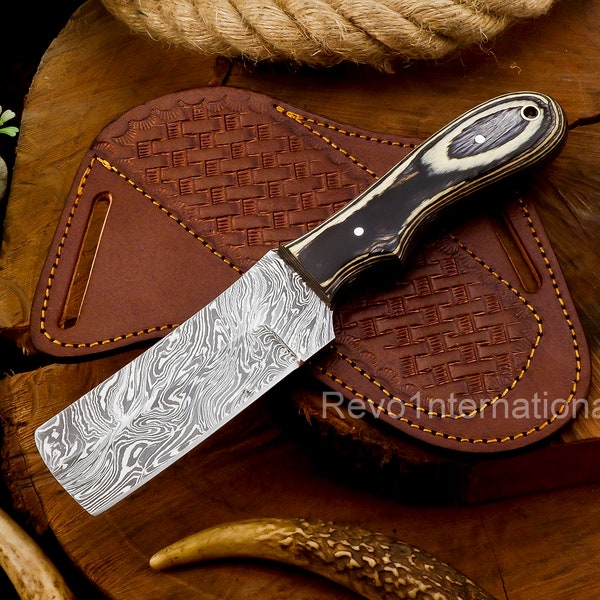 CowBoy Bull Cutter Knife Hand Forged Damascus Steel EDC Pocket Knife With Leather Sheath Arhamcutlery Gift For Him / Her