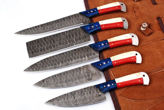 5 Pcs Handmade Knives, Damascus Chef Set, Kitchen Knives, Hand Forged Cutlery Set - Wedding Gift, Birthday Gift, Christmas Gift; 104