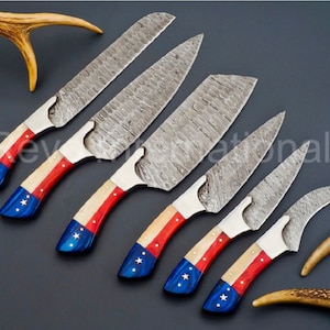 6 PCS Custom Forgiato a mano Damasco Steel White Resin & Wood Texas Flag Handle Kitchen (Professional) Set di coltelli con borsa in pelle