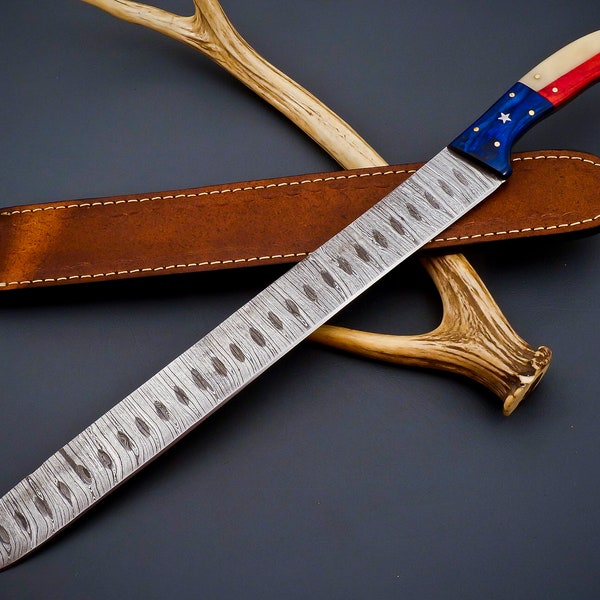 Custom Hand Forged Damascus Steel Texas Flag Handle Brisket Knife Set with Leather Sheath; 460