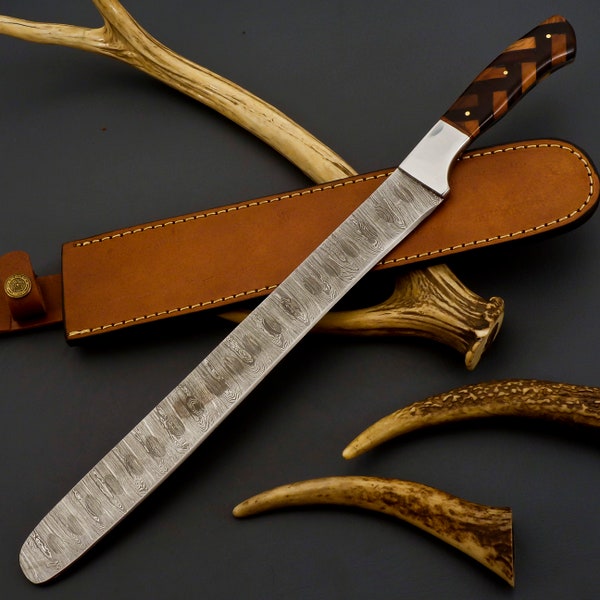 Custom Hand Forged Damascus Steel Olive Wood and Walnut Wood Handle Brisket Knife Set with Leather Sheath