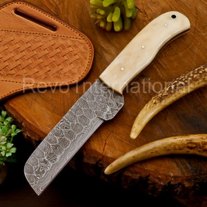 Damast Bull Cutter Messer Mit Weißem Griff Und Pan Cake Lederscheide, Cowboy Messer, Cowboy Bull Cutter; 477