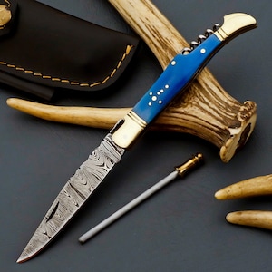 Damascus Steel Elegant Français Laguiole Pocket, couteau pliant poignée en os de couleur bleue, couteau cadeau gaine en cuir; 451