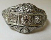 Art Deco 18k white gold 3 stone diamond Victorian style engagement ring