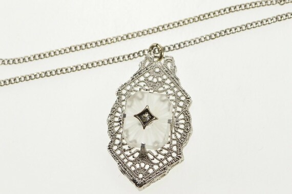 14K Art Deco Camphor Glass Filigree Diamond Neckl… - image 6