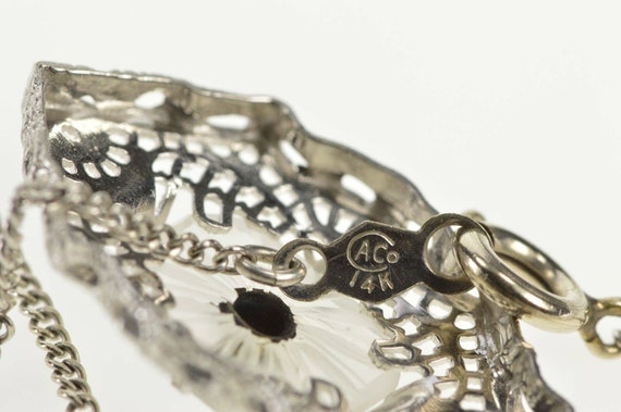 14K Art Deco Camphor Glass Filigree Diamond Neckl… - image 8
