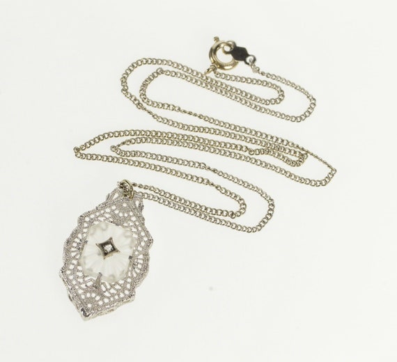 14K Art Deco Camphor Glass Filigree Diamond Neckl… - image 5