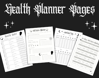 May include: Four printable pages for a health planner with a Halloween theme. The pages include a health habit tracker, a self-care planner, a workout log, and a 30-day self-care challenge.