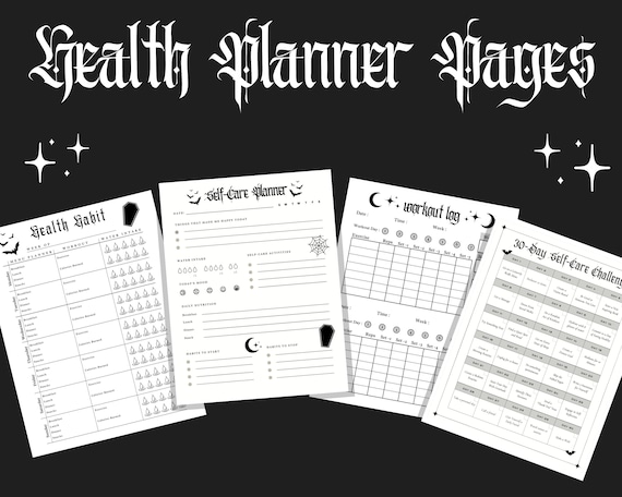 Goth Health Planner Pages | Healthy Habits, Workout Tracker, Self-Care Challenge, Printable Planner Pages, PDF