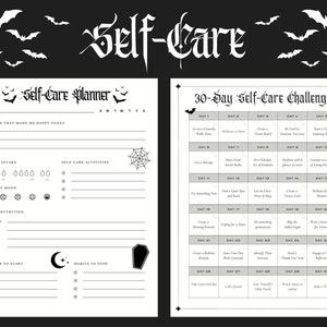K&ouml;nnte beinhalten: Ein druckbarer Selbstpflegeplaner und eine 30-Tage-Herausforderung mit Halloween-Thema. Der Planer enth&auml;lt Abschnitte zur Verfolgung der t&auml;glichen Wasseraufnahme, Stimmung, Ern&auml;hrung und Gewohnheiten. Die Herausforderung bietet t&auml;gliche Selbstpflege-Aktivit&auml;ten wie Spazierengehen, Freundlichkeit &uuml;ben und Meditieren.