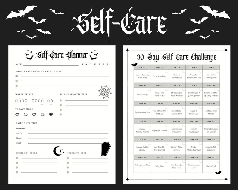 K&ouml;nnte beinhalten: Ein druckbarer Selbstpflegeplaner und eine 30-Tage-Herausforderung mit Halloween-Thema. Der Planer enth&auml;lt Abschnitte zur Verfolgung der t&auml;glichen Wasseraufnahme, Stimmung, Ern&auml;hrung und Gewohnheiten. Die Herausforderung bietet t&auml;gliche Selbstpflege-Aktivit&auml;ten wie Spazierengehen, Freundlichkeit &uuml;ben und Meditieren.