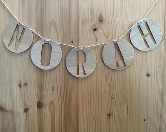 Personalizza la tua ghirlanda, il tuo nome su ghirlanda, legno, regalo per il baby shower sostenibile, banner con il nome del compleanno