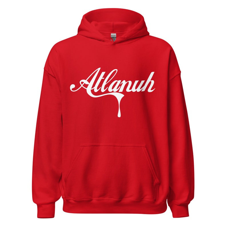 May include: Red hooded sweatshirt with a white graphic of the word "Atlanuh" in a dripping font.