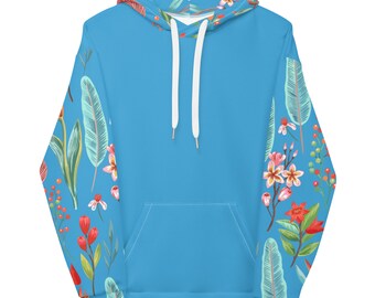 SWIM / Felpa con cappuccio unisex con stampa floreale blu / Pile spazzolato, ecologico