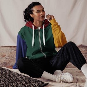 RYCH | Color Block Zip Hoodie| Unisex Red Green Yellow Blue Cut and Sew Style | Soft Brushed Fleece Inner