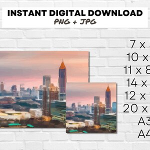 May include: A digital painting of a city skyline at sunset. The painting is in a painterly style with soft, blended colors. The skyline is dominated by a tall skyscraper in the center of the image. The painting is available in a variety of sizes, including 7x5 inches, 10x8 inches, 11x8.5 inches, 14x11 inches, 12x12 inches, 20x16 inches, A3, and A4.
