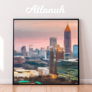 May include: A painting of a city skyline at sunset with a tall building in the center. The sky is a soft pink and orange, and the buildings are silhouetted against it. The painting is done in a painterly style, with visible brushstrokes.