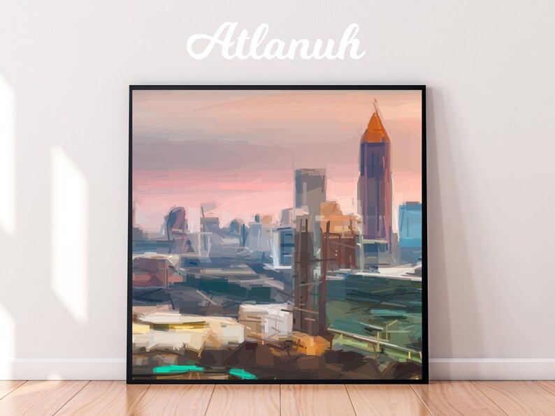 May include: A painting of a city skyline at sunset with a tall building in the center. The sky is a soft pink and orange, and the buildings are silhouetted against it. The painting is done in a painterly style, with visible brushstrokes.