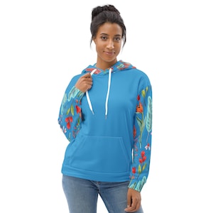 May include: A blue hoodie with a floral print on the sleeves. The hoodie has a white drawstring and a kangaroo pocket.