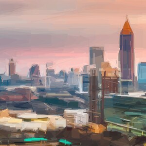 May include: A painting of a city skyline at sunset. The buildings are tall and slender, with a pink and orange sky in the background.