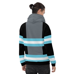 May include: A black and gray hooded sweatshirt with blue and white stripes. The sweatshirt has a large gray panel on the back.