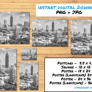 May include: Black and white aerial photograph of the Atlanta skyline, featuring the city's iconic skyscrapers. The image is available for instant digital download in PNG and JPG formats.  The image is available in various sizes, including postcard, square, and poster sizes.  Dimensions are listed in inches.