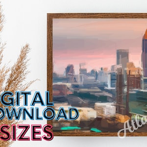 May include: A digital painting of a city skyline at sunset. The buildings are painted in a variety of colors, including pink, orange, and blue. The sky is a soft pink and orange. The text "Atlanta" is written in the bottom right corner of the image.