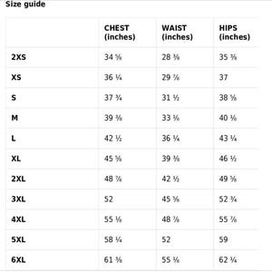 May include: Size chart for clothing with measurements in inches for chest, waist, and hips. Sizes range from 2XS to 6XL.