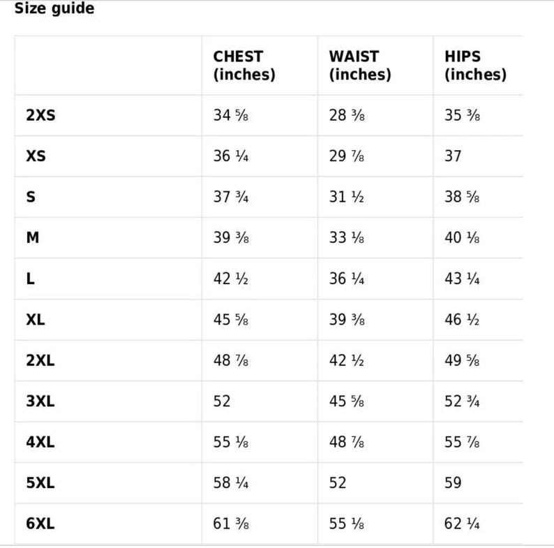 May include: Size chart for clothing with measurements in inches for chest, waist, and hips. Sizes range from 2XS to 6XL.