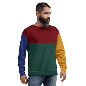 RYCH | Color Block Sweatshirt | Unisex Red Green Yellow Blue Cut and Sew Style | Soft Brushed Fleece Inner