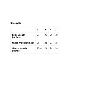 May include: A white size guide chart with black text. The chart lists measurements for body length, chest width, and sleeve length in inches for sizes S, M, L, and XL. The body length ranges from 27 to 30 inches.