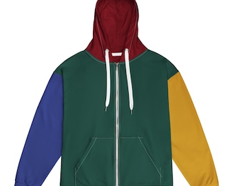 RYCH / Felpa con cappuccio e zip a blocchi di colore / Stile unisex rosso verde giallo blu tagliato e cucito / Interno in morbido pile spazzolato