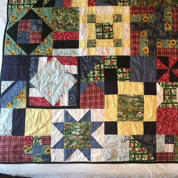 Rustic Farm Sampler quilt, great as a lap quilt, or a toddler quilt.  Traditional farming cotton prints, super cute!