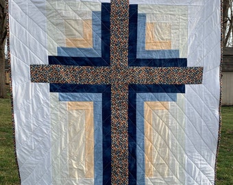 Blue, peach, and cream cross quilt - traditional patchwork quilt, unique Christian gift - Throw/lap quilt or wall hanging