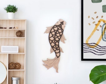 Wooden fish wall art. Earthy colors wall decor in Japandi style for a meditation room or natural therapy office.